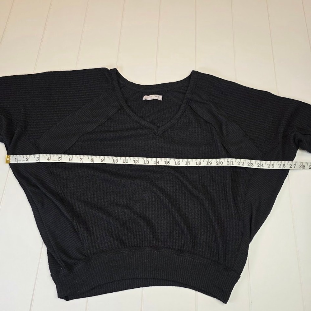 We The Free People SZ‎ XS Santa Clara Black Waffle Knit V Neck Long Sleeve Top - Picture 7 of 8
